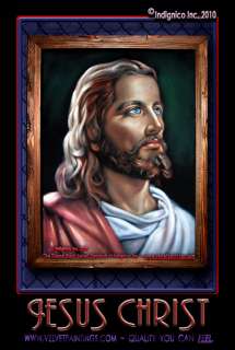 MEXICAN VELVET PAINTING of The Blue Eyed Red Robed JESUS CHRIST on 