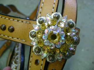 AUSTRIAN AMBER CRYSTALS LEATHER WESTERN SHOW BRIDLE HEADSTALL 