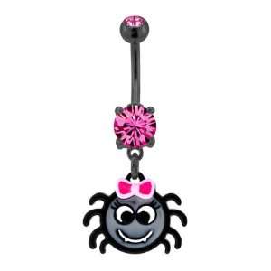  316L Steel Black Banana Pink Prong Set Belly Ring with Girly Spider 
