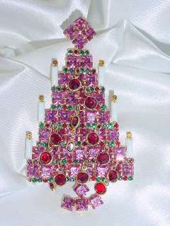 SIGNED VASARI CHRISTMAS TREE PIN with PINK SWAROVSKI CRYSTALS MIB 