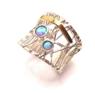 STERLING SILVER 925 RING WITH GOLD 9K & OPALS  