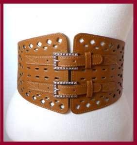 TAN DOUBLE RHINESTONE BUCKLE GOTH WIDE CORSET BELT NEW  