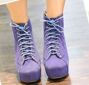 Blue Lace Up Cuban Wood Heel Platform Ankle Boots #62b  