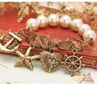  VTG antique starfish Heart love Helm Anchor freshwater Pearl Bracelet
