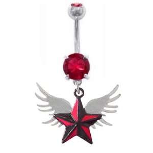  Red & Black Nautical Star w/ Wings dangle Belly navel Ring 