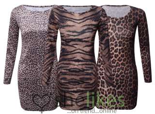 New Womens Long Sleeve Animal Leopard Print Bodycon Dress Ladies Tunic 