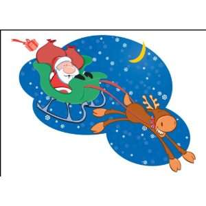 Santa & Reindeer Flying in Sleigh Christmas Card Box Set of 10