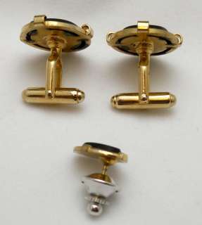 VINTAGE~ONYX~CUFFLINKS & TIE TAC~ KNIGHT CAMEO TOP  