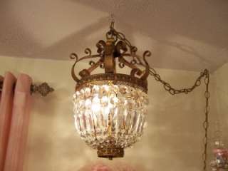 Vintage crystal basket empire gold chandelier prisms~Plug & swag 
