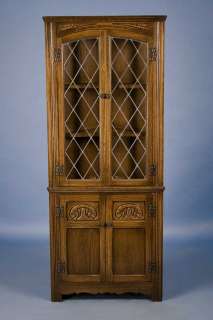 Pair of Antique English Oak Leaded Glass Corner Cabinet Hutch Cupboard 