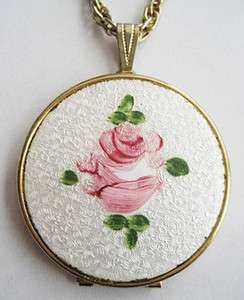 Vintage GUILLOCHE ENAMEL Pink Flower LOCKET NECKLACE Rose Floral 