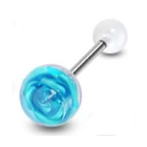  Aqua Metal Rose in Clear Ball Tongue Ring Piercing Barbell 