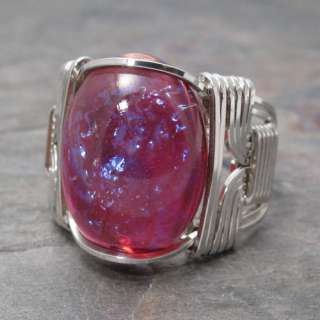 Dragons Breath Glass Opal Cabochon Sterling Silver Wire Wrapped Ring 