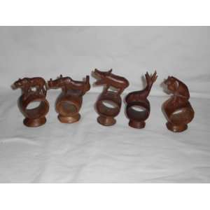  (5) Vintage Hand Carved Wooden African Animal Napkin Ring 