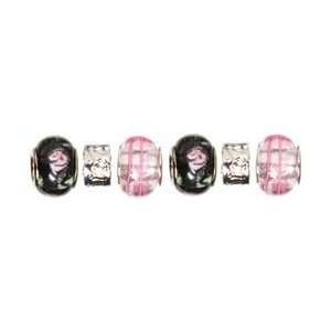 Cousin Trinkettes Glass & Metal & Clay Beads 6/Pkg Pink & Black Roses 