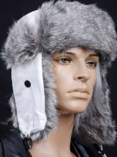   White Gray Winter Snow Bomber Trooper Trapper Mens Fur Hat Cap  