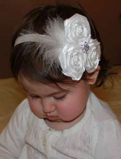 White Triple Flower Feathers Bling Roses Headband Photo  