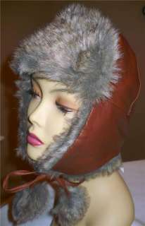 NINE WEST LEATHER LIKE TRAPPER HAT, FAUX BROWN FUR NWT  