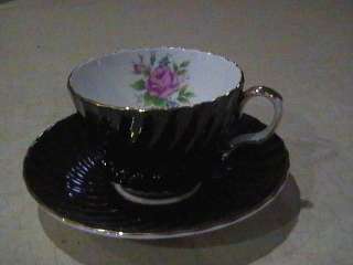 Aynsley China Black & Pink Roses Cup & Saucer C1495  