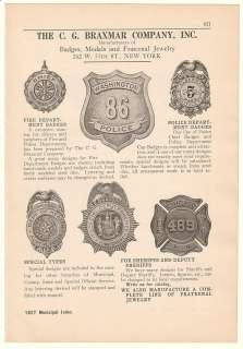 1927 C.G. Braxmar Co Police Fire Dept County Badges Ad  