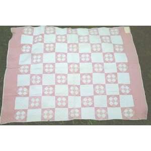  Antique Pink & White Tilted 9 Patch Quilt 
