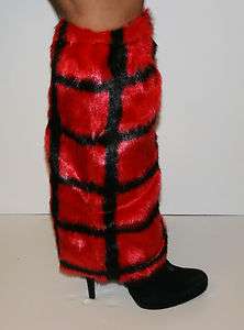   FUZZY LEG WARMERS BLACK AND RED TIC TAC TOE PRINT ONE SIZE FITS MOST