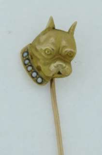 Beautiful Antique 14k Art Deco Stick Pin Boxer Dog Head 5 Pearls 