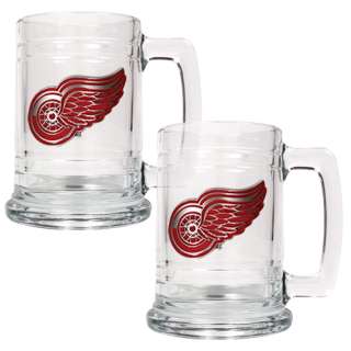 Set of 2 Detroit Red Wings NHL Glass TANKARD Beer Mugs  