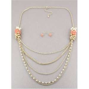   Desinger Inspired Matte Gold Pink Opal Color Necklace and Earrings Set