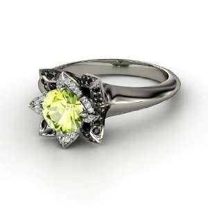 Lotus Ring, Round Peridot Sterling Silver Ring with Diamond & Black 