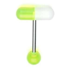  14g Surgical Steel Tongue Ring Piercing Barbell with Green 