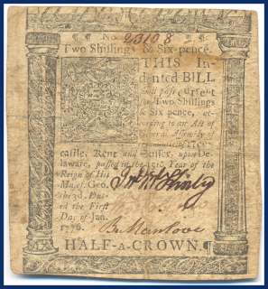   SHILLINGS & SIX PENCE ~DELAWARE~ COLONIAL CURRENCY PAPER MONEY  