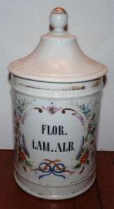 Antique old Apothecary Jar Hand Painted Lid Drug Store  