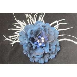 NEW Navy Blue Hair Flower Clip Pin Band 3 in 1 with Ostrich Feathers 