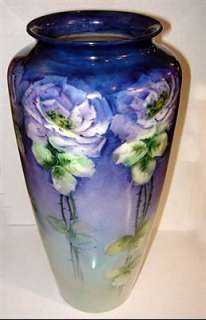 Stunning Limoges 10.5 Hand Painted & Signed Blue Rose Vase  