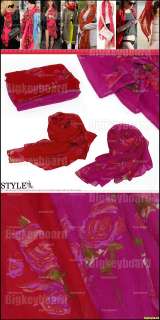 Fashion Women Red Rose Print Flower Long Stole Scarf Shawl Wrap  