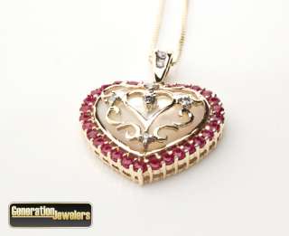 Dazzling Diamond and Ruby Heart Pendant 14K Yellow Gold Free Insured 