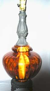 AMBER GLASS BLACK METAL PUMPKIN SHAPE ELECTRIC TABLE LAMP VINTAGE 