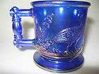 Cobalt Blue carnival glass childs mug cup peacock / stork pattern 