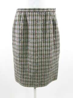 DESIGNER Green Cream Wool Straight Knee Length Skirt 6  
