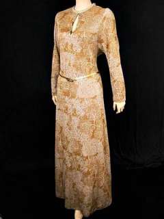 VTG 60s METALLIC Gold & Silver Floral Knit Flared Day Party Maxi Dress 
