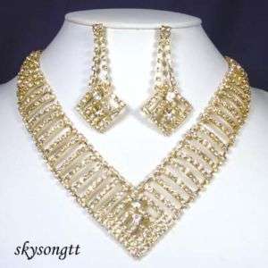  Clear Crystal Bridal Pendant Gold Necklace Earrings Set S1448Y  