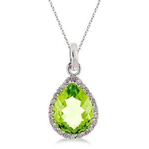  Pear Shaped Peridot and Diamond Pendant Necklace 14k White 