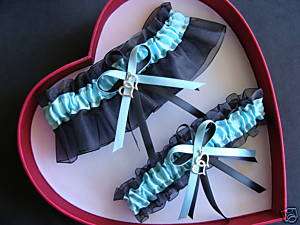 Double Heart Wedding Garters Aqua Blue / Black   Prom  