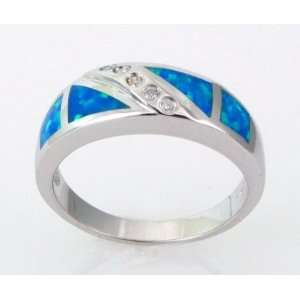  925 Sterling Silver Synthetic Blue FIRE OPAL CZ Ring Size 
