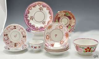Generous Lot of 15 Old English Pink Lustre Saucers, Bowls, Cup, Tray 