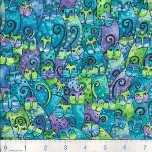 45 Wide Laurel Burch Felines & Canines Kitty Crowd Turquoise Fabric 