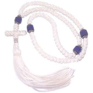  White Knotted wool chotki Rosary   Komvoschinia with blue 