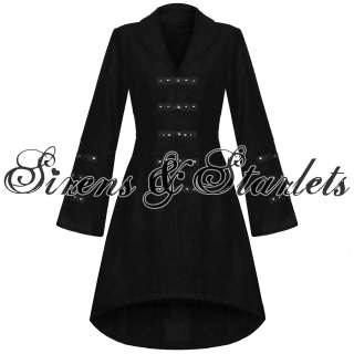 LADIES NEW BLACK GOTHIC MILITARY STEAMPUNK WOOL EFFECT LONG JACKET 