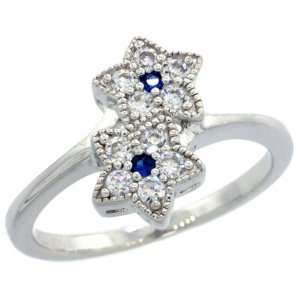 Silver Double Star Flower Ring w/ Brilliant Cut Clear & Blue Sapphire 